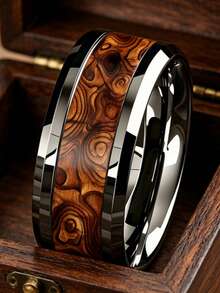 Personalized Men's Artistic Ring, Black Tungsten Band With Brown Wood Grain Pattern, Accessory - Silver - View 5