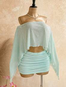 Nuevo conjunto sexy de fiesta con parte superior suelta asimétrica de hombro con lentejuelas doradas transparentes y falda mini fruncida de cintura baja, estilo bohemio, de vacaciones, vintage, para la playa, crucero - Verde 3 - Ver 3