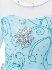 3件組女孩藍色雪花印花公主洋裝，拼接長袖網紗洋裝，兒童萬聖節服裝，女孩萬聖節洋裝，節日兒童服飾，生日派對洋裝 - 藍色 - 查看 4