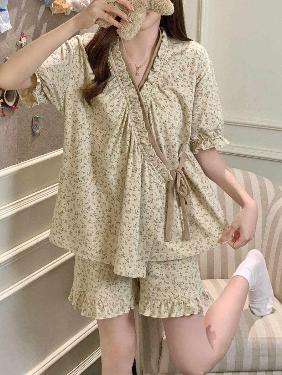 2件組女款睡衣套裝，短袖綁帶設計花卉印花時尚短褲，居家穿著舒適 - 彩色 - 查看 1