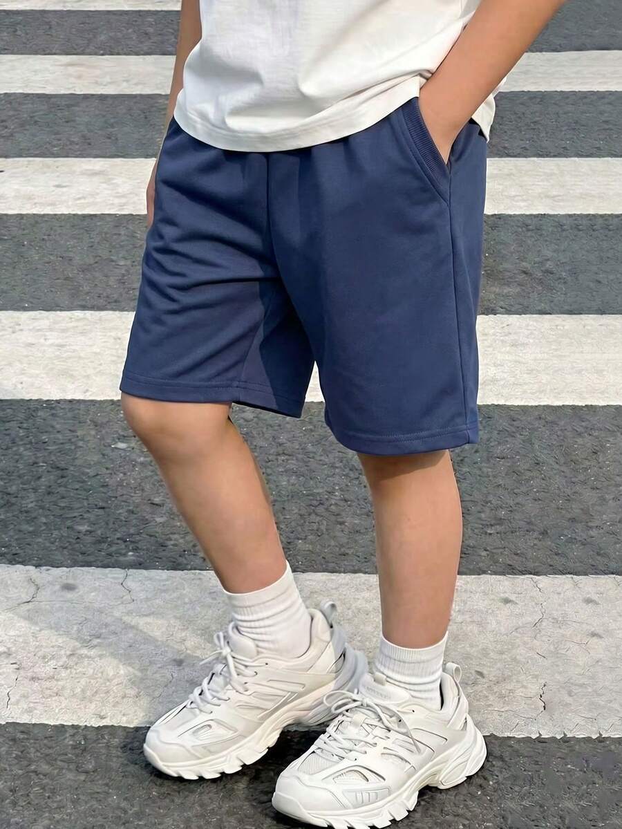 1件純色休閒舒適運動短褲,附口袋,適合4-7歲男孩,適用春夏秋返校季 - 藍色 - 查看 1
