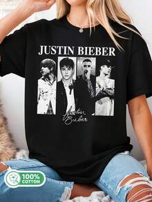 Unisex Cotton T-Shirt With "Justins Bieber Eras Collage" Graphic For Pop Fans. - Black - View 1