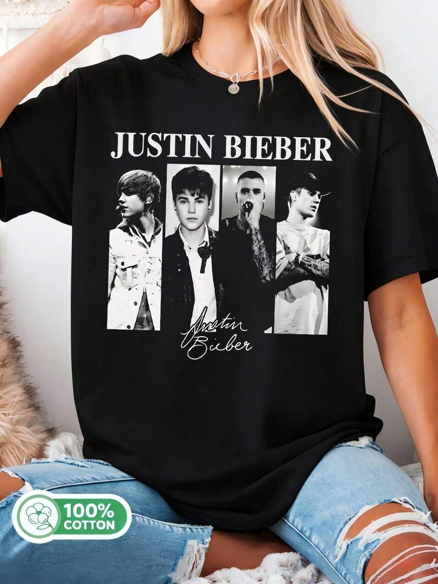 Unisex Cotton T-Shirt With "Justins Bieber Eras Collage" Graphic For Pop Fans. - Black - View 1