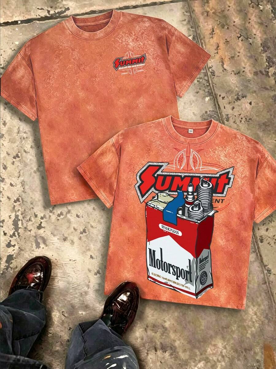 Summit Motorsport Spark Plug Retro Car Culture Oversized Graphic Tee, Oversize Men Cotton Crew Neck Streetwear Summer Top - 橘色 - 查看 1