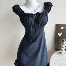 Fengyu Women's Clothing Store Vestido ajustado de Body con volantes en el bajo, de corte bajo, de rayas azul marino, de estilo casual de verano para mujer - Blanco - Ver 5