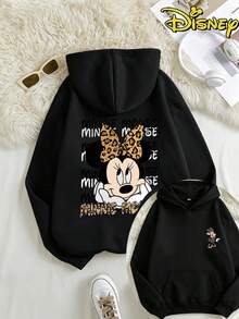 Disney Minnie Mouse Leopard Print Bow Hoodie, Women's Casual Long Sleeve Drawstring Hooded Sweatshirt - 黑色 - 查看 2