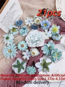 21/42件黃色人造花/仿真花材料包，適用於家居裝飾、畢業典禮、婚禮、派對裝飾、情人節、母親節禮物、花盒材料、新年裝飾 - 藍色 - 查看 7