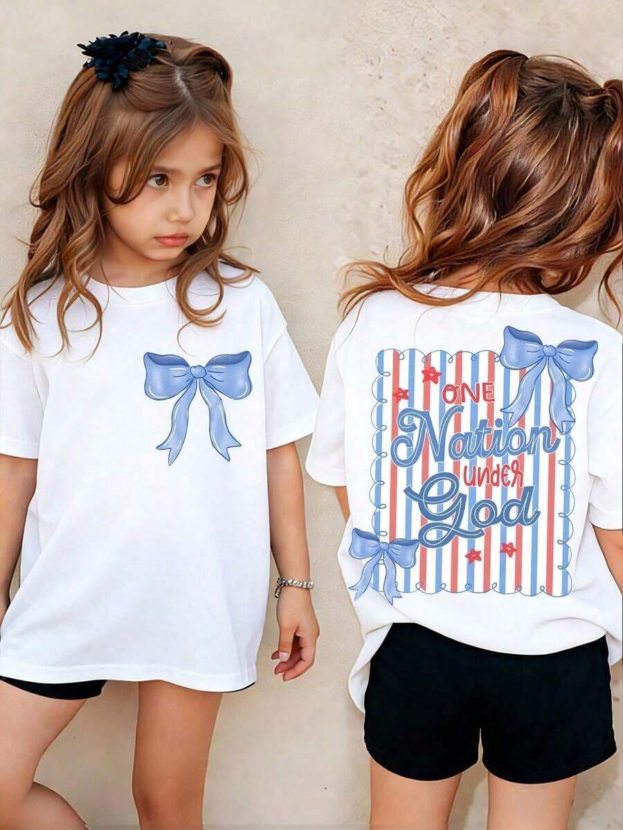 American Honey Kids' Short Sleeve T-Shirt With 4th Of July Cartoon Print, 180g, Soft, Comfortable And Breathable, Suitable For All Seasons, Perfect For Boys And Girls For Everyday Wear, School And Casual Sportswear. An Ideal Crew Neck T-Shirt For Holiday Parties, Gatherings, Outdoor Activities And Travel. - 咖啡棕 - 查看 1