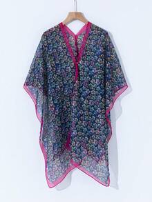 1pc New Summer Fashion Versatile Floral Print Colorblock Design Minimalist Oversized Shawl - Multicolor - View 17