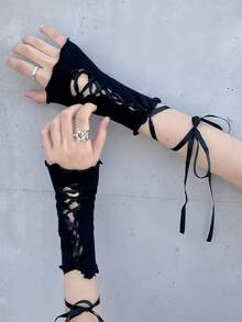 1 Pair Y2K Style Lace Strap Decor Short Solid Color Open Finger Rolled Edge Wrist Sleeve - Multicolor - View 13
