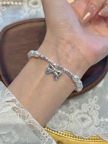 Women Charm Bracelet - Silver - Bow Pearl Necklace - View 17