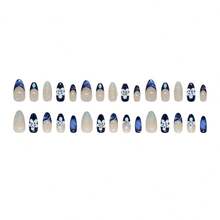30Pcs Blue Flower Press On Nails Medium Almond French Tip Fake Nails With 3D Gold Starfish Pearls Designs Lily Flowers False Nails Blue Gradient Full Cover Cute Floral Acrylic Stick On Nails For Women - 法式印花 - 查看 7
