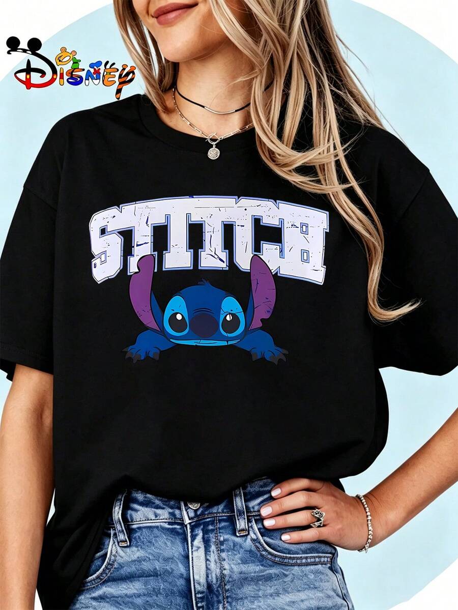 Breathable Cotton Disney Fan Tee | "Stitch Peeking" Lilo & Stitch Distressed Letter Graphic Print | Nostalgic Cartoon Pullover Shirt - Black - View 1