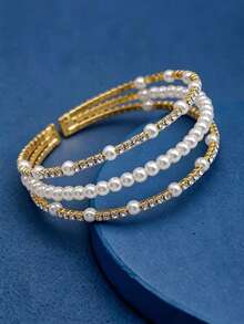 1/10 piezas Brazalete de cristal de múltiples capas, elegante y de moda, con cristales de imitación de perlas, elástico, adecuado para fiestas, bodas y regalos - B3-30 - Ver 9