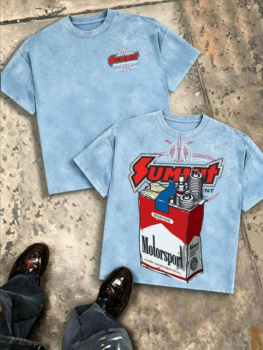 Summit Motorsport Spark Plug Retro Car Culture Oversized Graphic Tee, Oversize Men Cotton Crew Neck Streetwear Summer Top - 天藍色 - 查看 1