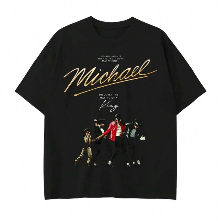 T Shirt Film2026 , King Of Pop, Halftone T Shirt,Suitable For Daily Wear Or Going Out With Friends,Soft And Breathable Cotton Fabric,There Are Many Sizes To Choose From,Oversized T Shirt - Street Style / In  Very Popular / Daily Leisure / Fashionable Appearance - 黑色 - 查看 1