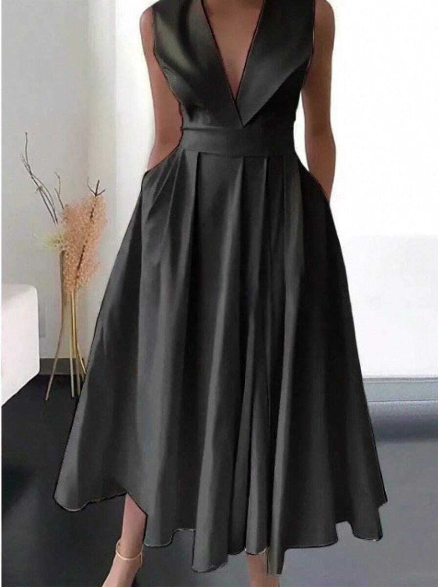 Summer Dresses For Women 2023 New Cross-Border Foreign Trade European And American Women's Clothing Summer Sleeveless Waist-Cinching Pocketed Large H - 黑色 - 查看 1