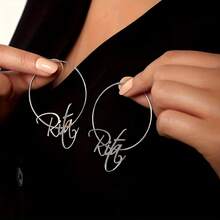 Customized Women's Hoop Earrings, Summer Jewelry, Customized Shiny Stainless Steel Hoop Earrings Are The Perfect Gift For Valentine's Day, Anniversary Or For Friends, Girlfriends Or Boyfriends. Matte Nameplate Earrings, Personalized Jewelry Gifts, Suitable For Anniversary, Wedding, Mother's Day And Other Occasions, Are Women's Beach Accessories. - Gold - View 8