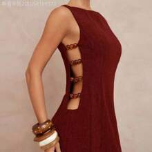 Soqi Women's Clothing  Vestido mini de línea A con cuello en V sin mangas, cintura ceñida, recortes, escote redondo, tirantes con cuentas, recortes laterales, para mujer, para fiesta, vacaciones, playa, boda, ceremonia, estilo bohemio, con detalles de lentejuelas y bordados - Burdeos - Ver 1