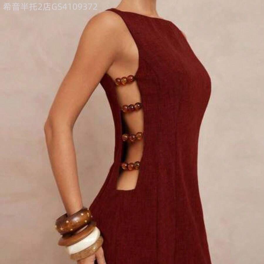 Soqi Women's Clothing  Vestido mini de línea A con cuello en V sin mangas, cintura ceñida, recortes, escote redondo, tirantes con cuentas, recortes laterales, para mujer, para fiesta, vacaciones, playa, boda, ceremonia, estilo bohemio, con detalles de lentejuelas y bordados - Burdeos - Ver 1