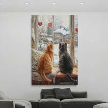 Enmarcado Póster plano 2D de gatos invernales  (1 unidad) |  de paisaje nevado, regalo de San Valentín, pieza de arte mural moderno, ideal para la decoración del hogar y dormitorios, decoración para bodas. - Enmarcado - Ver 2