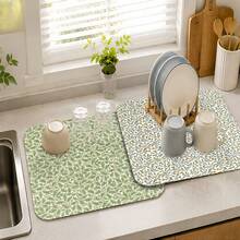 Luckybutterfly 2pcs Floral & Plant Pattern Multipurpose Absorbent Mats, 2 Different Polyester Waterproof Countertop Protector Pads, Suitable For Kitchen, Dining Table, Dish Drying, Washing Machine, Coffee Maker, Bathroom Vanity, Kitchen Accessories, Party Supplies - Orange Floral Pattern + Green Plant Leaf Pattern - View 13