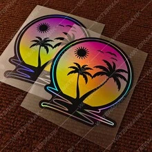 1 pieza Pegatina de vinilo con escena tropical de palmera y puesta de sol en la playa, calcomanía de escena oceánica para coche, motocicleta, portátil, decoración - W188 - Ver 4