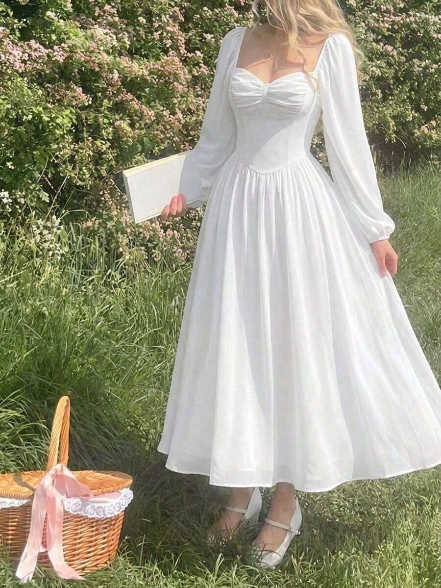 MOD Vestido de primavera para vacaciones con escote en forma de corazón, mangas farol y diseño de busto plisado - Blanco - Ver 1