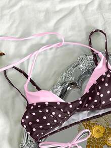 Women's Retro Polka Dot And Striped Bikini Swimsuit, Casual And Fashionable For Vacation, Music Festivals, Cup Races, Kentucky Derby, Summer Beach. - 咖啡粉 - 查看 4