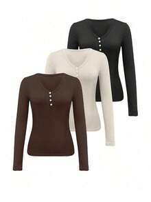 Set de 3 camisetas tipo Henley casuales de mujer con cuello en V y mangas raglán ajustadas - Multicolor 5 - Ver 4