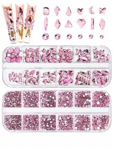 2盒美甲水鑽粉色美甲飾品玻璃美甲寶石，Wsimily水晶平底亮面混色美甲水鑽珠DIY美甲手工藝 - 粉色 - 查看 1