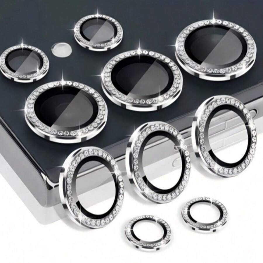 1 Set Super Protective 9D Silver Diamond Lens Protector With Ring Guard, Scratch-Resistant Tempered Glass, Camera Protection, Wear-Resistant, Diamond Not Easily Fallen, High Clarity And Transparency, Waterproof, Shockproof, Drop-Proof, Anti-Fingerprint Full Coverage - Silver - View 1