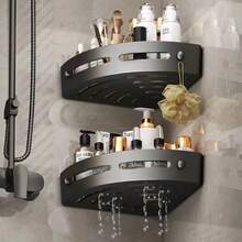 2pcs Adhesive Shower Caddy Set, All-In-One Wall Mounted Bathroom Organizer With Hooks, No Drilling Required, Premium Storage Rack For Bathroom, Kitchen, Black - Black - View 3