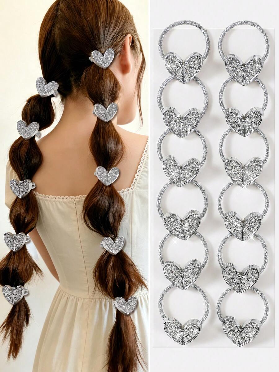 10pcs/Pack Rhinestone Heart Shaped Elastic Hair Ties, Minimalist Small Size, Suitable For Daily Use, Cute & Sweet, Versatile, Gentle On Hair For Girls - Silver - View 1