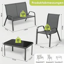 4-Piece Garden Furniture Set For 4 People, Outdoor Seating Group With 1 Garden Bench, 2 Chairs & 1 Glass Table, Weatherproof Textilene, Modern Lounge Balcony Furniture For Small Balconies & Terraces - 灰色 - 查看 6