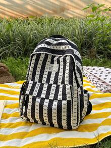 Cute Bow Striped Contrast Color Side Pocket Drawstring Multi-Pocket Large Capacity Water-Resistant Backpack, Casual College Style Bookbag Fits Books & Study Materials, Ideal For School, Commute, Travel - Multicolor - View 15