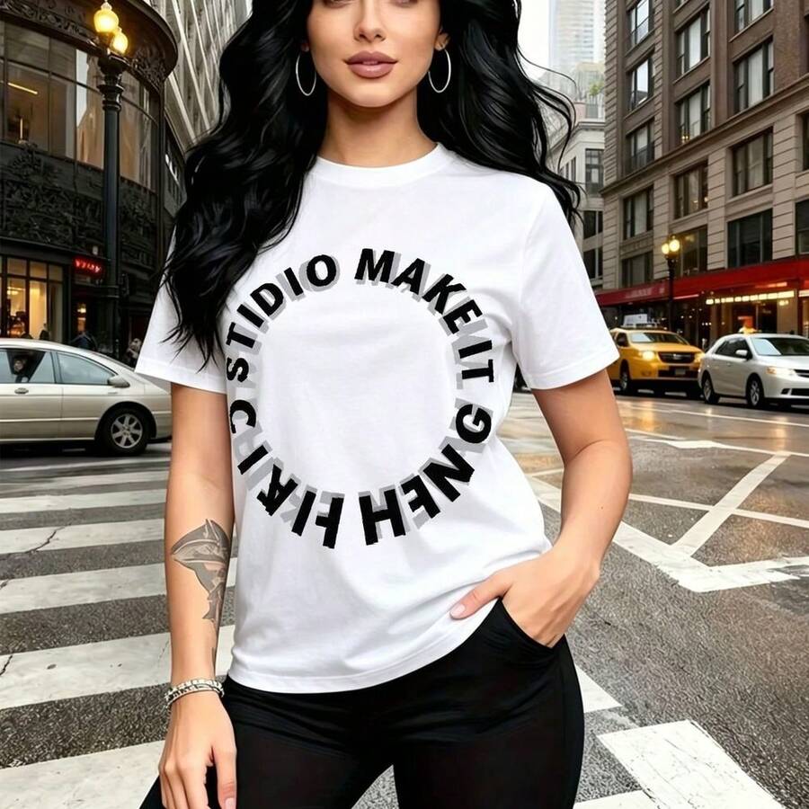 Camiseta de mujer con estampado urbano "STUDIO MAKEUP BEAUTY" en diseño circular y letras plateadas texturizadas, modelo de manga corta con cuello redondo que combina elegancia moderna y actitud callejera - ajuste cómodo y transpirable ideal para el - Blanco - Ver 1