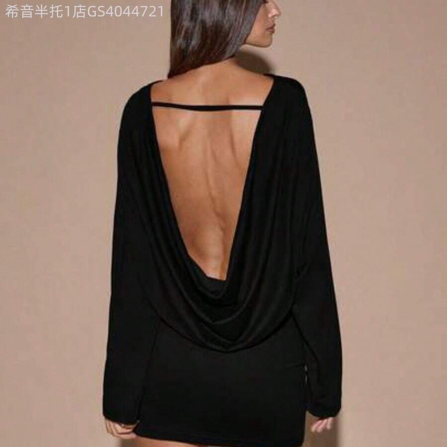 MewMuse. Vestido mini de manga larga, cuello en V profundo, suelto, de color marrón/café sólido, adecuado para cóctel, cita romántica, reunión, evento formal, dama de honor, salida nocturna, Halloween, Navidad - Negro - Ver 1