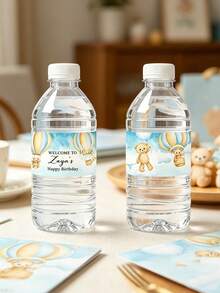 20 piezas/50 piezas Etiquetas personalizadas de botella de agua con diseño de oso de peluche y globo de aire caliente, empaque de cumpleaños personalizado "Bienvenido a T", regreso a la escuela - Multicolor - Ver 5