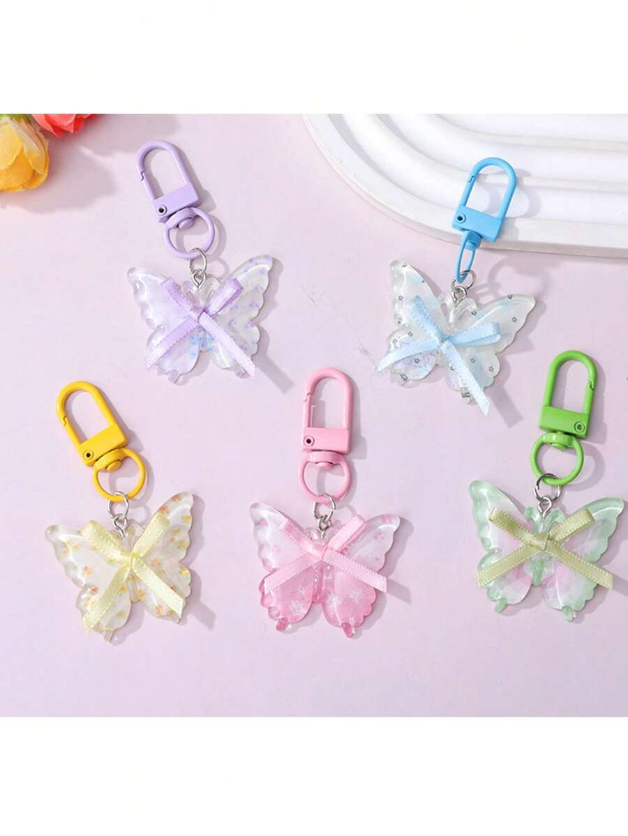 5pcs Girly Resin Bow Keychain - DIY Perler Bead Spring Translucent Floral Bow Bag Charm, Cute Hanging Accessories For Backpack & Purse - Bow Keychain - View 1