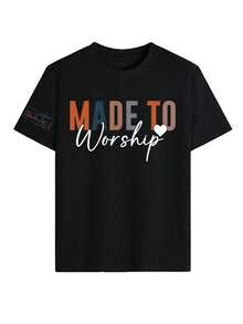 「Made To Worship」基督教圖案印花T恤，信仰主題勵志風夏季休閒黑色上衣 - 黑色 - 查看 3