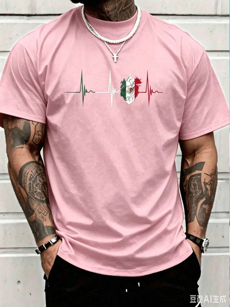 Cotton Graphic Tees100% Cotton Mexico Heart Mexico Flag Heartbeat EKG Pulse Mexican Pride T-Shirt Women's Men Graphic Teesummer Tops - 粉色 - 查看 1