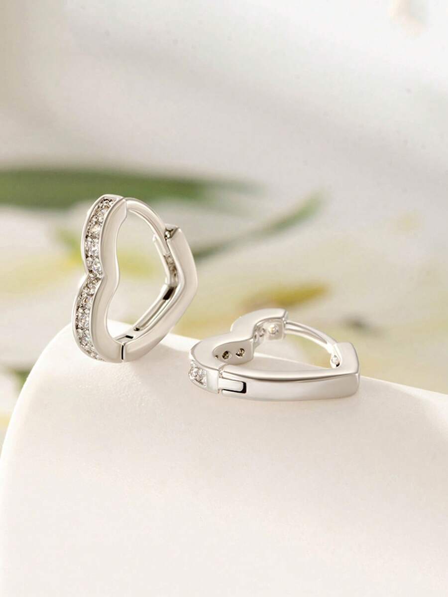 1 Pair Rhinestone Heart Shaped Hoop Earrings, Geometric Elegant Earrings For Women - Multicolor - View 1
