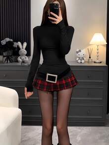 Women Short Dresses - Black Top + Red Plaid Midi Skirt [with Belt] - View 2