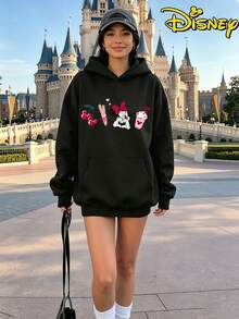 Disney Valentine's Minnie Mouse Castle & Hearts Hoodie, Women's Casual Long Sleeve Hooded Sweatshirt - màu đen - Xem 5