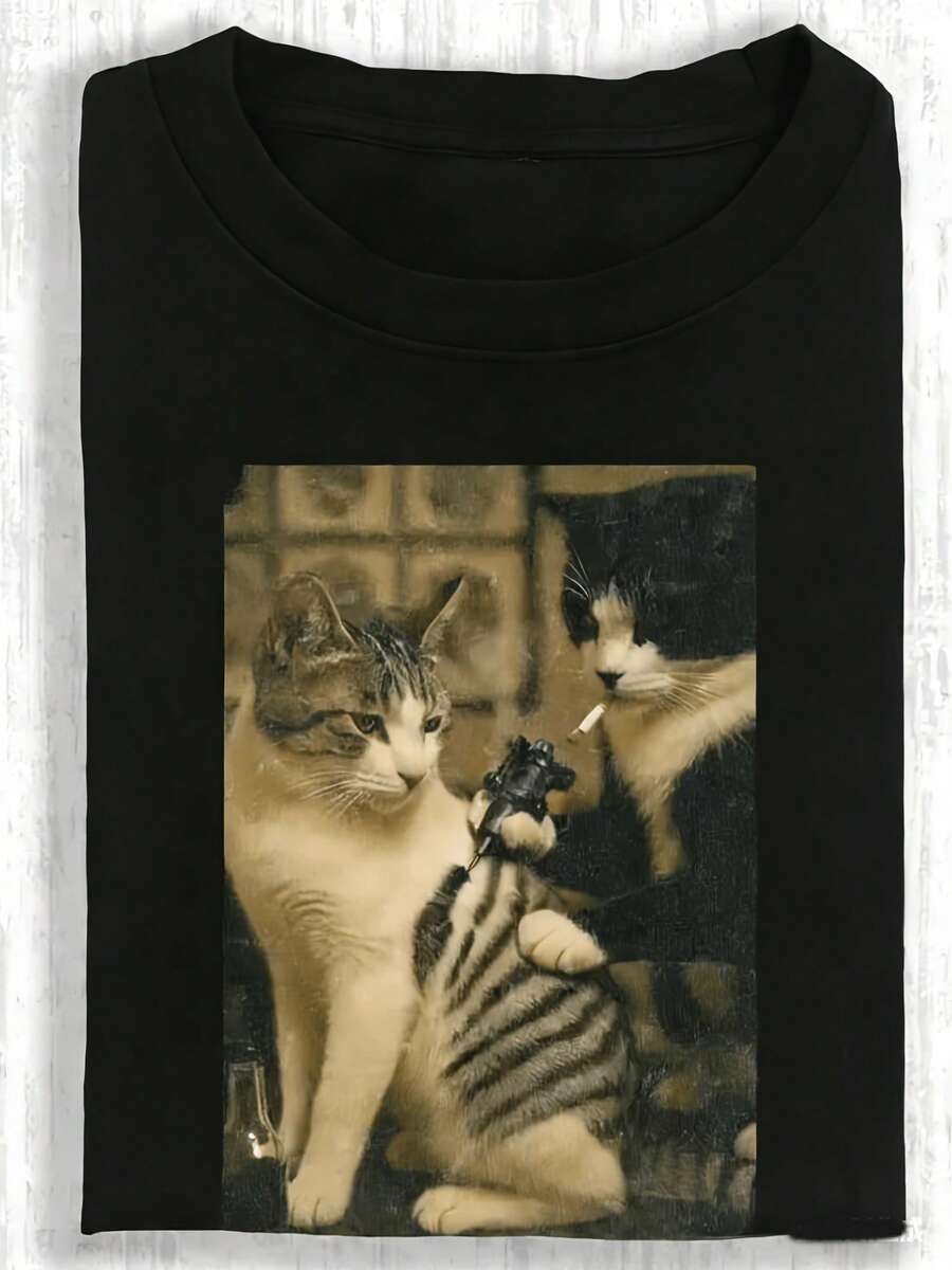2026 NOUVEAU T-shirt drôle de chat, tatouage de chat rétro, mème, Sweat-shirt à capuche drôle, Sweat-shirt-shirt parodique, t-shirts viraux, cadeau drôle, pull mème, cadeaux de chemise d'humour noir pour hommes, vêtements de fitness en coton pour hommes - Noir - Voir 1
