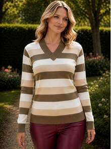 Women's Striped Sweater Top | Women's Long Sleeve Striped Top | Striped V-Neck Top - 焦糖沙 - 查看 3