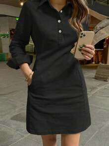 Vestido corto elegante de mujer con manga larga, estilo de moda casual con solapa y decoración de botones, para primavera y otoño - Negro - Ver 2