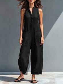 Mono de verano sin mangas con cuello alto y media botonadura, pierna ancha, bolsillos grandes, ajuste holgado y relajado, mono casual para ir al trabajo y vacaciones, efecto estilizante, color negro - Negro - Ver 4