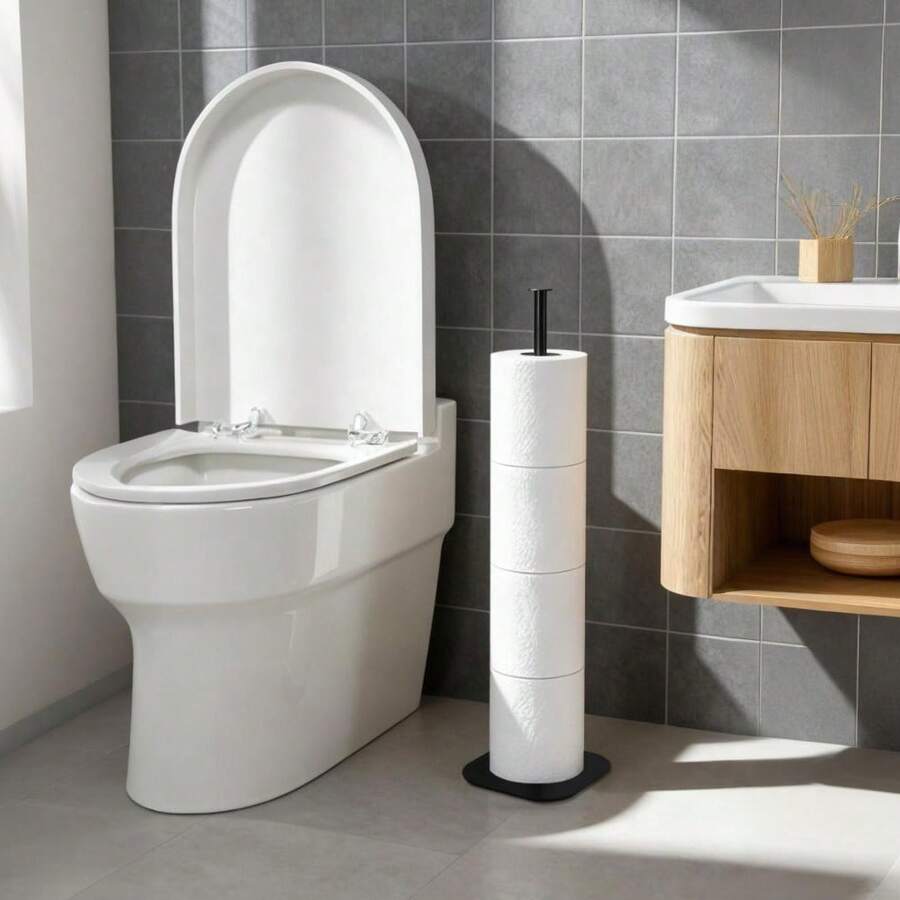 1 Piece Standing Toilet Paper Roll Holders, Folding Shelf For Paper Rolls, With Round Base, Holds Large Size Rolls, Suitable For Bathroom, Bathroom Accessories - Black - View 1